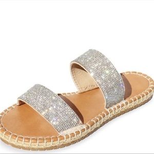 🎉 $25 Rhinestone Double Strap Flatform Slip On Espadrilles Slide Sandals